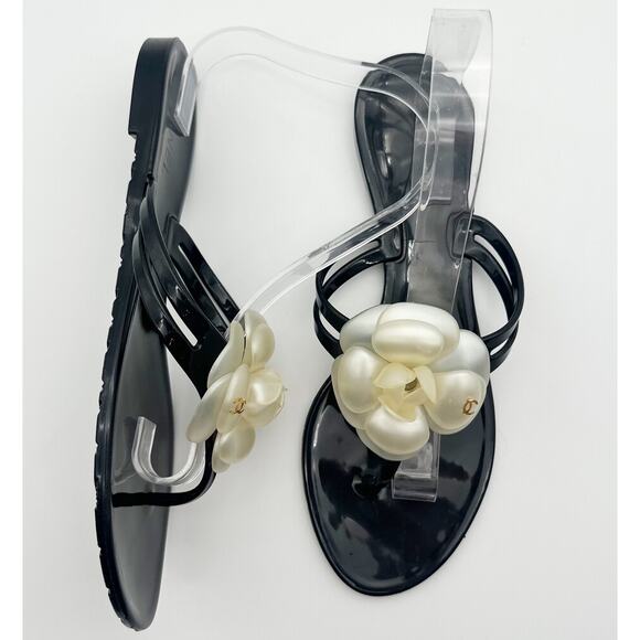 Chanel Camellia Flower Rubber PVC Thong Flip Flop Sandal Black 40 Flat Summer - Picture 4 of 10